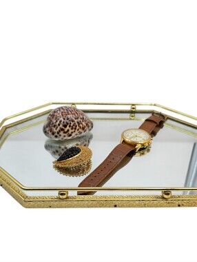 Vintage Gold Brass Octagon Mirrored Vanity Tray Hollywood Regency Filigree 13x9